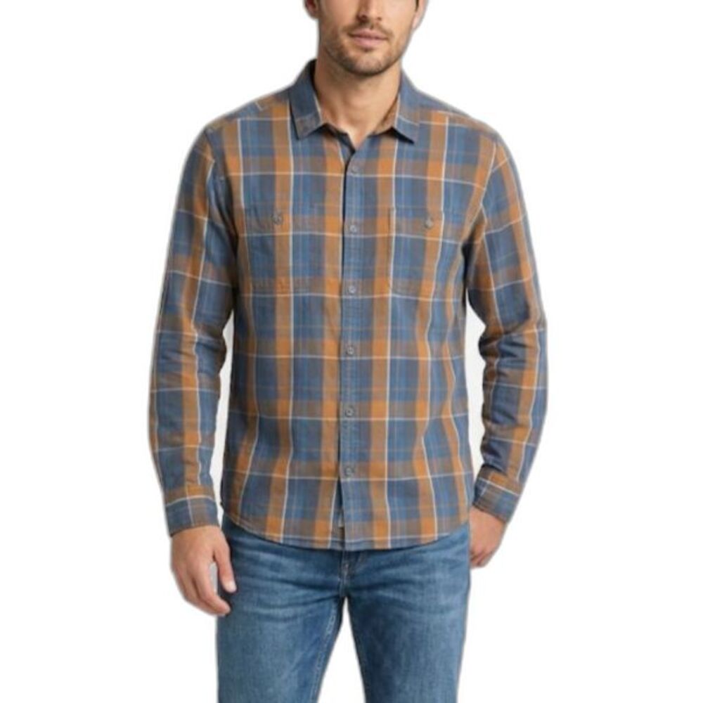 Horny Toad Men's Blue Orange Plaid Twill Long Sleeve Button Front Shirt Size M